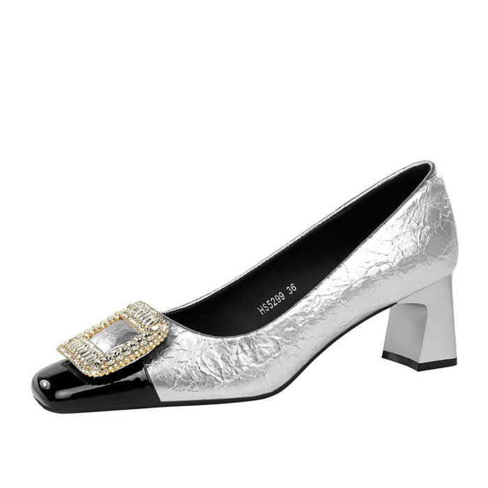 BIGTREE SHOES 5299-k32 European and American Style Banquet Women's Shoes Drill Buckle Chunky Heel Mid-Heel Low-Cut Stitching Square Toe Metal Rhinestone Buckle Pumps - Image 3