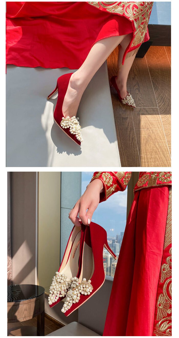 Runnig heels Runnig heels 878-62 Bridal Shoes Wedding Dress Red High Heels Women New Single Layer Shoes Large and Small Size - Image 10