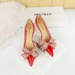 Big Tree Shoes 638-AH6 European and American Banquet Women's Shoes High Heel Stiletto Shallow Mouth Pointed Pearl Rhinestone Bow Pumps High Heels - Image 3
