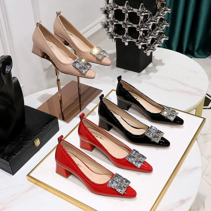BIGTREE SHOES 1235-K58 Korean Style Fashion Banquet Women's Shoes Chunky Heel Mid Heel Patent Leather Shallow Mouth Small Sharp Point Square Rhinestone Buckle Pumps - Image 5