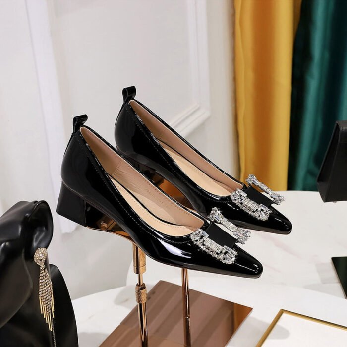 BIGTREE SHOES Women's Chunky Heel Low-Cut Square Toe Patent Leather Metal Rhinestone Buckle High Heel Shoes for Banquet - Image 1