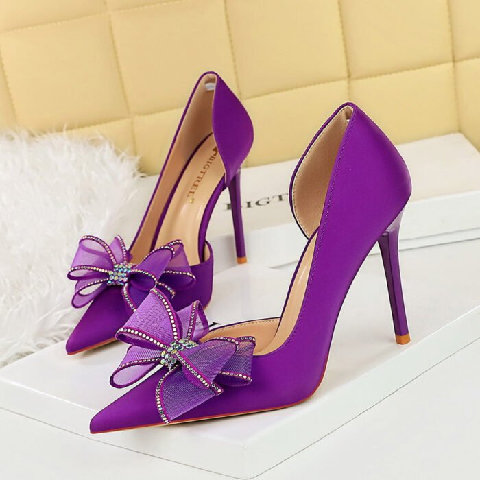 BIGTREE SHOES 626-H38 European and American Style High Heels Women's Shoes Stiletto Heel Shallow Mouth Pointed Toe Side Hollow Rhinestone Bow Pumps Wedding Shoes - Image 3