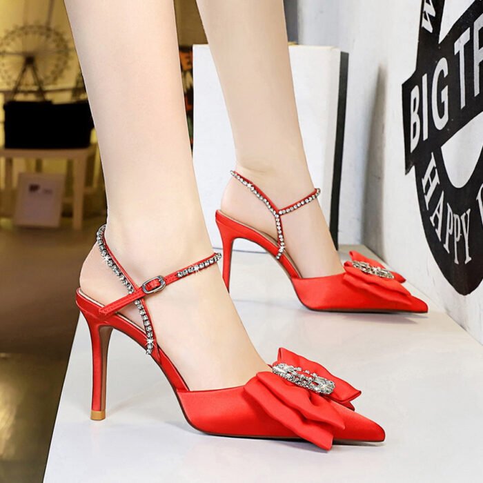BIGTREE SHOES 221-H32 Korean Style Banquet Summer High Heel Shoes Shallow Mouth Pointed Toe Satin Rhinestone Word with Bowknot Sandals for Women - Image 3