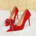 BIG TREE SHOES 3265-h36 Korean Style Banquet High Heels Stiletto Heel Women's Shoes Shallow Mouth Pointed Toe Rhinestone Bow Pumps Women