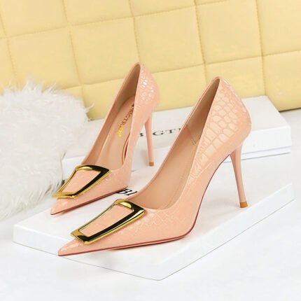 3391-26 Korean Style Fashionable Elegant Pedicure Slimming Stiletto Heel Shallow Mouth Pointed Toe Metal Buckle Pumps Women's High Heel