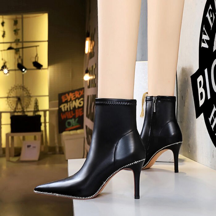 BIG TREE SHOES 1838-3 European and American Fashion Sexy Nightclubs Thinner Stiletto Heel Side Zipper Rhinestone Pointed Toe Short Women's Boots Short Boots - Image 4