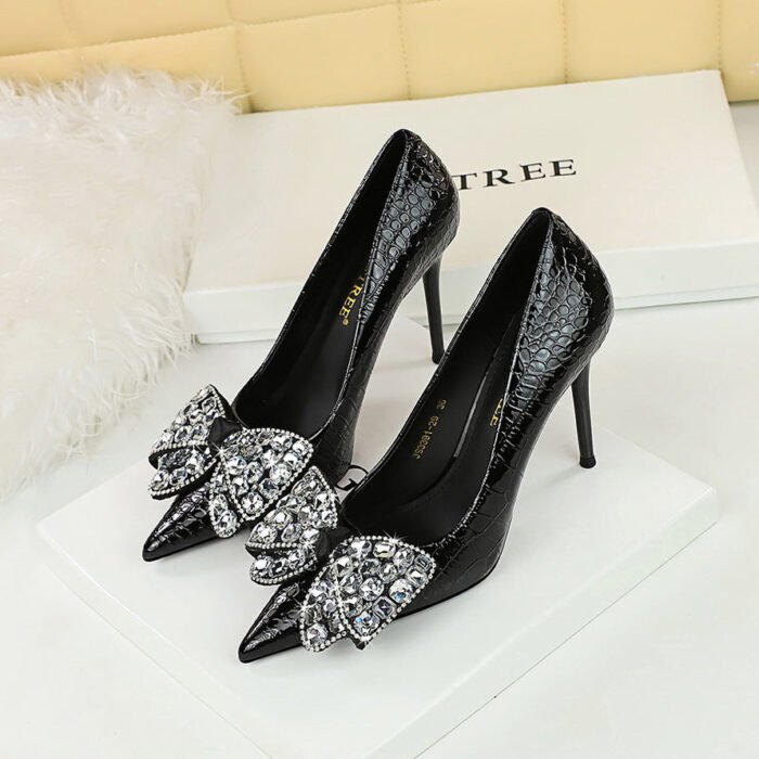 BIGTREE SHOES 3391-h21 European and American Style High Heels Stiletto Heel Stone Pattern Patent Leather Low-Cut Pointed Toe Rhinestone Bow Pumps High Heel - Image 3