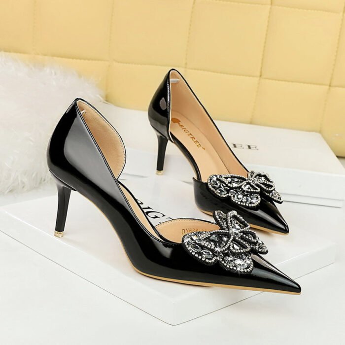BIG TREE SHOES 638-Ah23 European and American Style Banquet High Heels Stiletto Heel Shallow Mouth Pointed Patent Leather Side Hollow Rhinestone Bow Pumps - Image 2