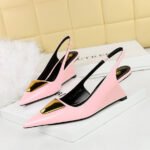 BIGTREE SHOES 1097-k55 European and American Style Women's Shoes High Heel Wedge Patent Leather Hollow-out Back Strap Shallow Mouth Pointed Metal Decorative Shoes - Image 4