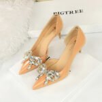 BIG TREE SHOES 638-Ah19 European and American Entry Lux Banquet Women's Shoes High Heel Stiletto Low Mouth Pointed Side Hollow Rhinestone Bow Pumps - Image 2