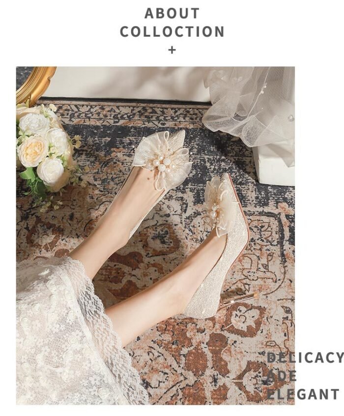 840-16 French Lace Pearl Wedding Shoes Bridal Shoes High Heels Princess Pointed Toe Temperament Fairy Stiletto Heel Pumps Women - Image 13