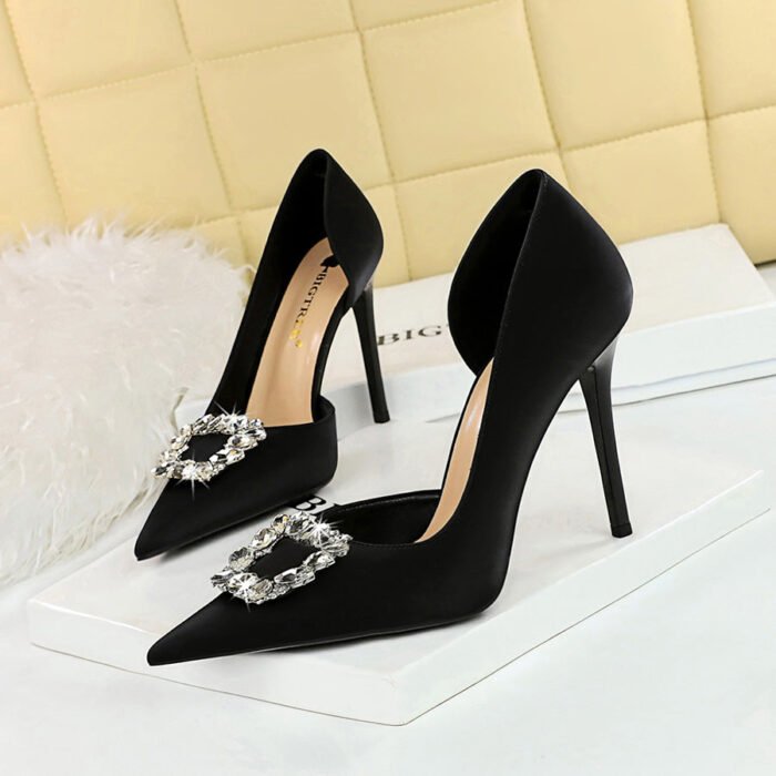 BIG TREE 626-K2 Banquet High Heels Stiletto Heel Shallow Mouth Pointed Side Hollow Metal Rhinestone Buckle European and American Style Pumps - Image 3