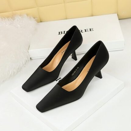 BIG TREE SHOES 6183-2 European and American Style Simple Stiletto Heel Satin Low-Cut Square Toe Women's Shoes Business OL All-Matching High Heels Pumps