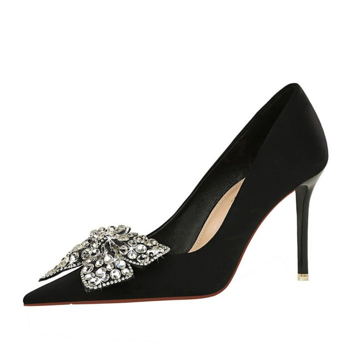 BIG TREE SHOES 18249-h29 European and American Style Banquet High Heels Stiletto Heel Shallow Mouth Pointed Toe Satin Rhinestone Bow High Heel Pumps - Image 5