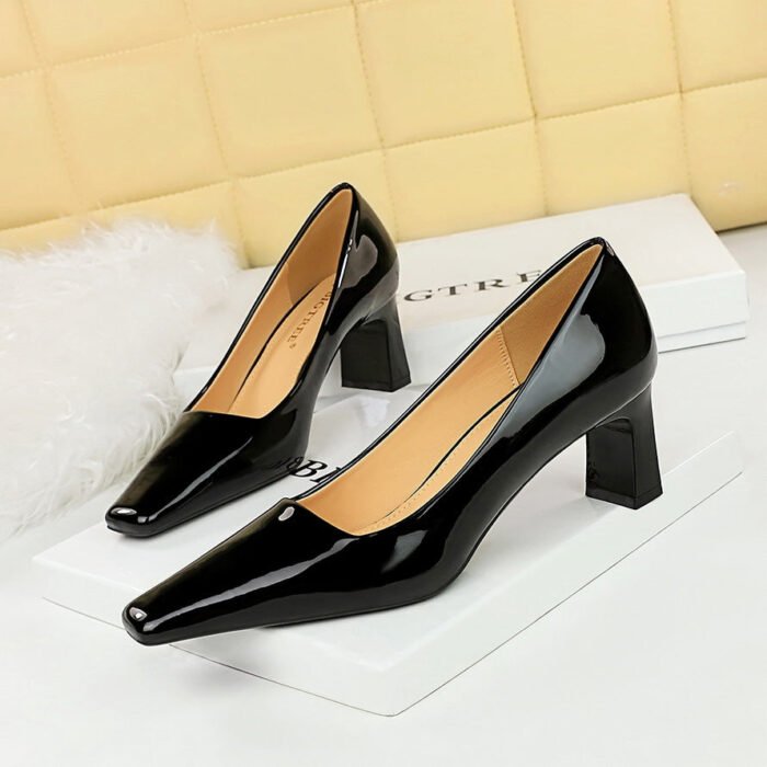 BIGTREE SHOES 6186-1 European and American Style Fashion Simple High Heel Chunky Heel Low-Cut Square Head Shiny Patent Leather Commuter's All-Matching Women's Thin Shoes - Image 3