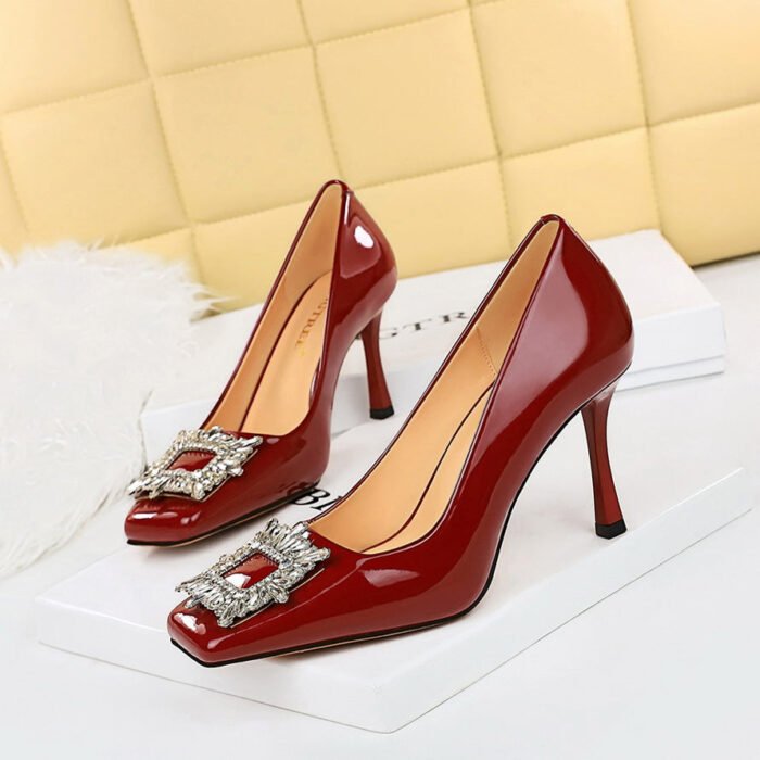 BIG TREE SHOES 7792-3k82 Korean Style Banquet Women's Shoes Super High Heel Shallow Mouth Patent Leather Square Toe Metal Rhinestone Buckle Pumps High Heels - Image 4