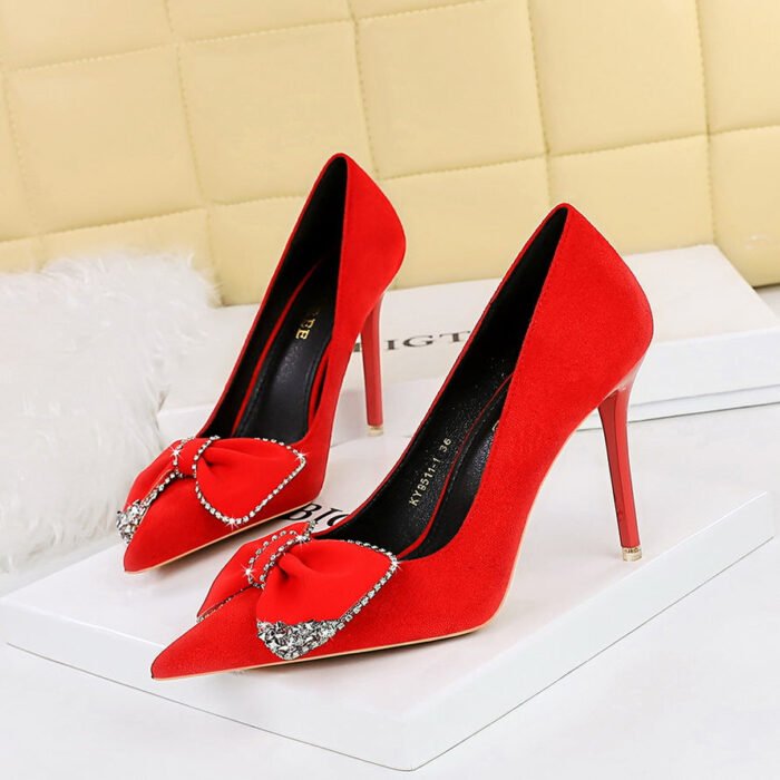 BIGTREE SHOES 9511-h31 Light Luxury Banquet High Heels Stiletto Suede Shallow Mouth Pointed Toe Rhinestone Bow Super High Heel Shoes Women - Image 1