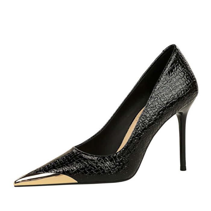 BIGTREE SHOES 3739-8 European and American Retro High Heels Stiletto Heel Banquet Women's Shoes Snake Pattern Patent Leather Shallow Mouth Metal Pointed High Heel Shoes - Image 5