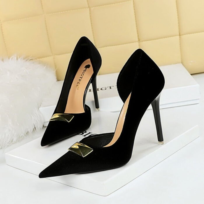 BIG TREE SHOES 1363-K81 European and American Style Banquet Super High Heel Stiletto Low Mouth Pointed Side Hollow Xi Shi Suede High Heel Pumps Women - Image 3