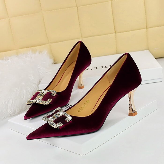 BIG TREE SHOES 1818-K78 Banquet Entry Lux Elegant Women's Shoes High Heels Xishi Suede Shallow Mouth Pointed Toe Rhinestone Bow Pumps - Image 1