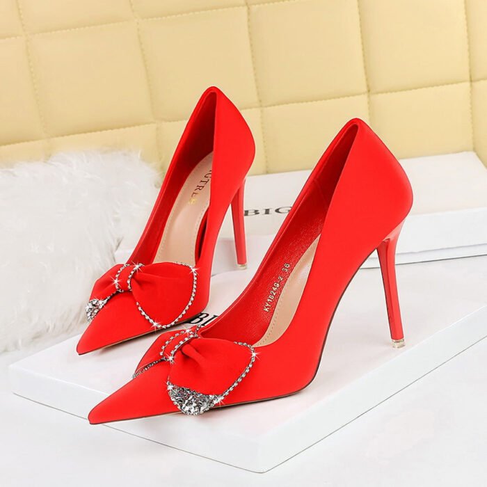 BIGTREE SHOES 18249-h31 European and American Style Banquet Women's Shoes High Heels Stiletto Low-Cut Pointed Toe Satin Rhinestone Bow Pumps - Image 2