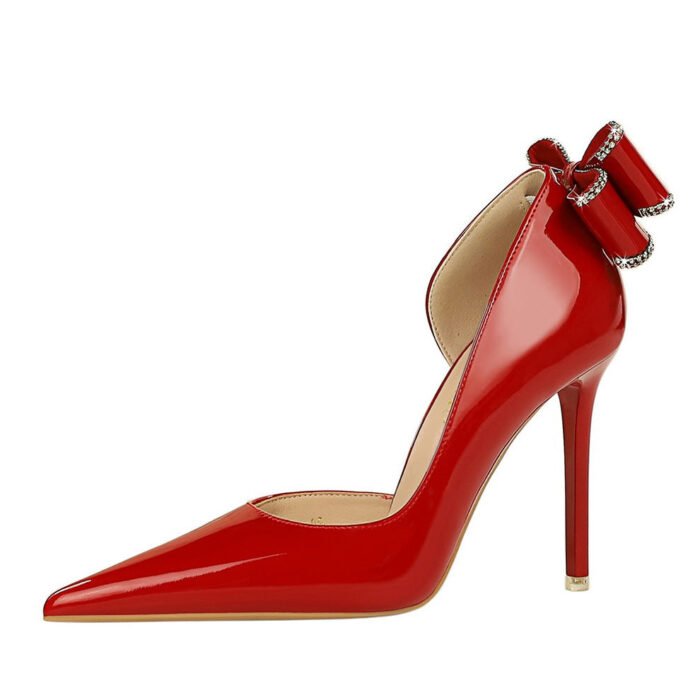 BIG TREE SHOES 638-H35m European and American Banquet High Heels Patent Leather Stilettos Shallow Mouth Pointed Toe Side Hollow Back Rhinestone Bow Pumps - Image 5