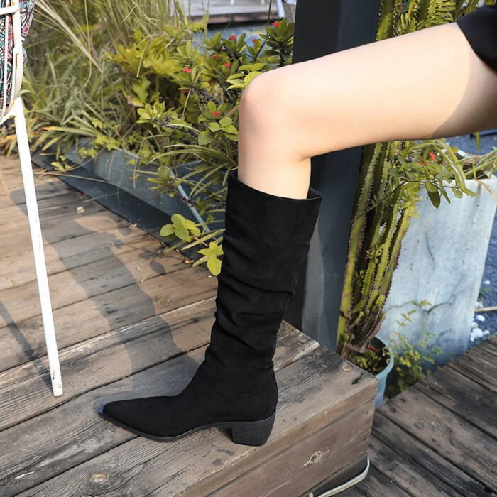big tree shoes 009-17 Retro European American Style Knight Boots Winter Fashion Women's Boots Mid Heel Chunky Heel Pointed Toe Suede Wrinkle High Leg Boot - Image 4
