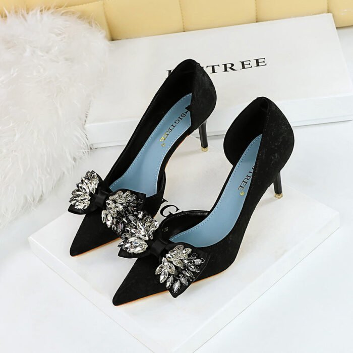 BIG TREE Shoes 6168-AH3 European and American Banquet Nightclubs Thinner Side Hollowed Women's Shoes Shallow Mouth Pointed Toe Rhinestone Bow High Heel Pumps - Image 3