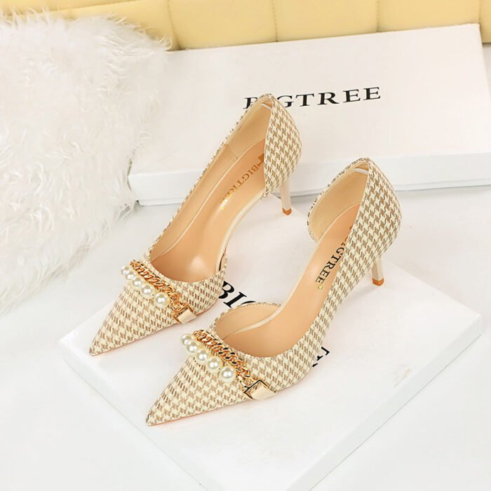 8829-A1 Korean version of high-heeled shallow-mouth pointed side hollow cloth plaid pearl metal chain houndstooth shoes - Image 4