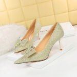 1932-A18 Korean Style Fashion Banquet Women's Shoes Stiletto Heel Shallow Mouth Pointed Toe Rhinestone Bow Women's Shoes Wedding Shoes
