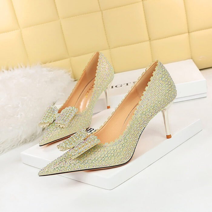 1932-A18 Korean Style Fashion Banquet Women's Shoes Stiletto Heel Shallow Mouth Pointed Toe Rhinestone Bow Women's Shoes Wedding Shoes - Image 1