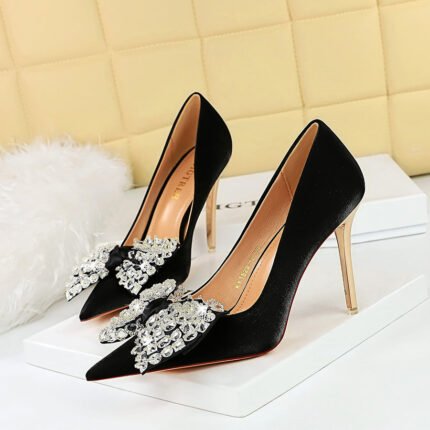 BIGTREE 1829-H9 European and American Style Banquet Women's Shoes Metal Heel Super High Heel Satin Shallow Mouth Pointed Toe Rhinestone Bow Pumps