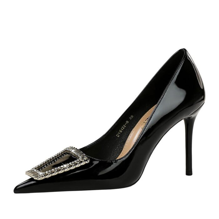 Bigtree Shoes 6122-8 K66 European and American Banquet High Heels Women's Shoes Shiny Patent Leather Shallow Mouth Pointed-Toe Metal Big Rhinestone Buckle Pumps - Image 5