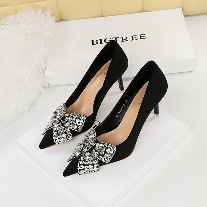 BIGTREE SHOES 18249-ah29 Korean Style Banquet High Heels Stiletto Heel Satin Shallow Mouth Pointed Toe Rhinestone Bow Women's Shoes - Image 2
