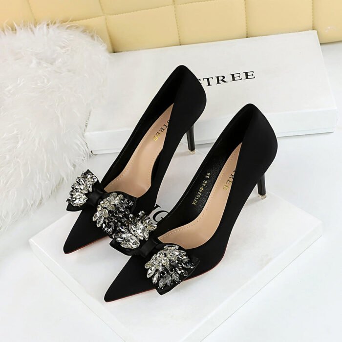 BIG TREE Shoes 18249-ah3 European and American Style Light Luxury Banquet Women's Shoes High Heel Stiletto Low Mouth Pointed Toe Rhinestone Bow Pumps Women - Image 2