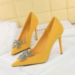 BIGTREE SHOES 825-K53 European and American Style Banquet High Heels Stiletto Women's Shoes Suede Shallow Mouth Pointed-Toe Metal Butterfly Rhinestone Pumps - Image 2