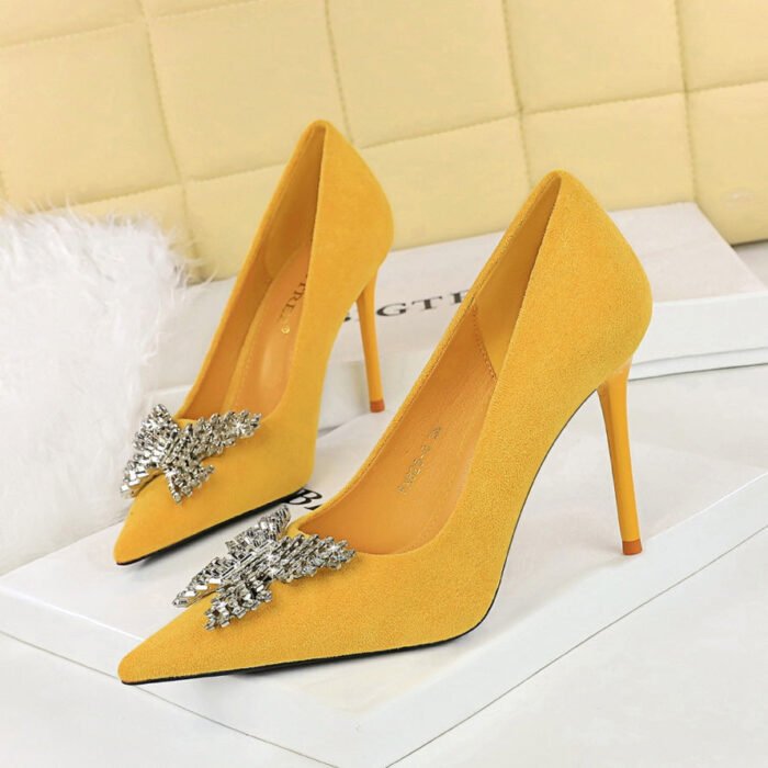 BIGTREE SHOES 825-K53 European and American Style Banquet High Heels Stiletto Women's Shoes Suede Shallow Mouth Pointed-Toe Metal Butterfly Rhinestone Pumps - Image 2