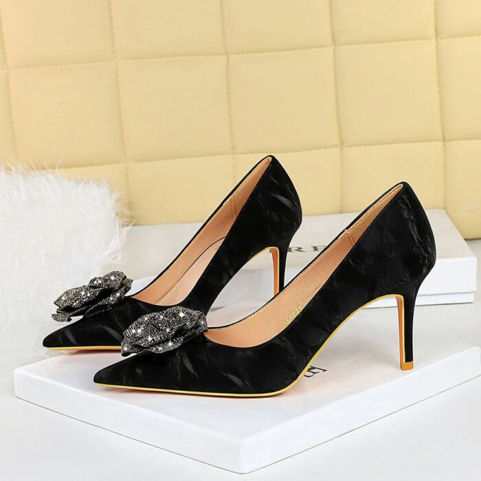 BIGTREE SHOES 18249-A3h52 National Style Women's Shoes Banquet High Heels Stiletto Low-Cut Pointed Toe Rhinestone Flower Rose Pumps - Image 3