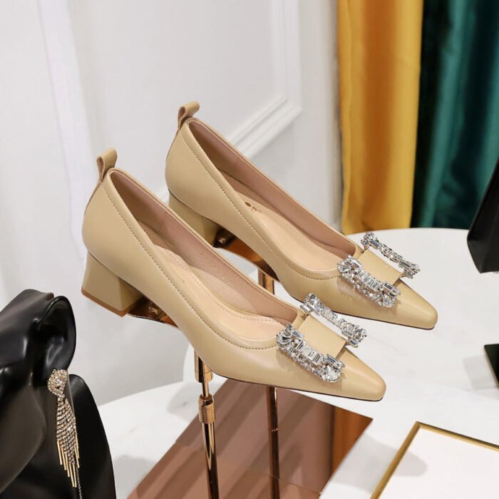 BIGTREE SHOES 1235-2k72 European and American Style Fashion Banquet Women's Shoes Comfortable Thick Heel Mid Heel Light Buckle Metal Rhinestone Buckle Women's Shoes - Image 2
