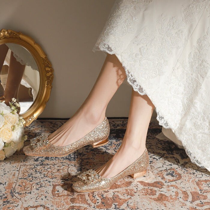 A29-6 French Square Head Gold Flat 2cm Low Heel High-Grade Rhinestone Bridesmaid Shoes Women - Image 2