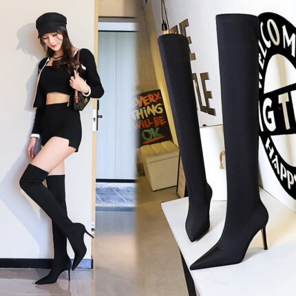 315-A9Over knee boots pointed high heel boots satin elastic boots-Bigtree shoes