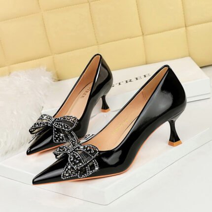 BIGTREE SHOES 1961-H39 European and American Banquet Women's Shoes Small Stiletto Heel Mid Heel Patent Leather Shallow Mouth Pointed Toe Rhinestone Bow Pumps Women's Shoes