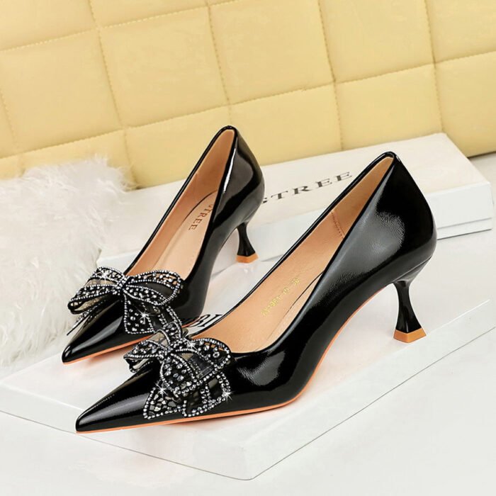 BIGTREE SHOES 1961-H39 European and American Banquet Women's Shoes Small Stiletto Heel Mid Heel Patent Leather Shallow Mouth Pointed Toe Rhinestone Bow Pumps Women's Shoes - Image 1