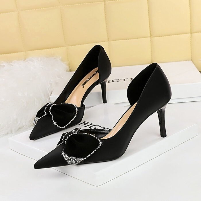 BIGTREE SHOES 3226-Ah31 European and American High Heels Stiletto Women's Shoes Shallow Mouth Pointed Side Hollow out Stitching Rhinestone Bow Pumps - Image 1