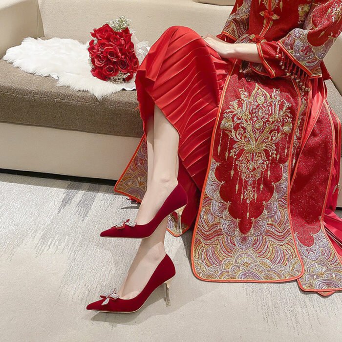 Runnig heels C888-35 Red Wedding Shoes Bridal Shoes Xiuhe Main Wedding Dress Low-Cut Stiletto Heel High Heels - Image 2