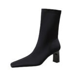 BIGTREE SHOES 375-1 European and American fashion minimalist high-heeled thick heel square toe elastic Lycra short boots - Image 5
