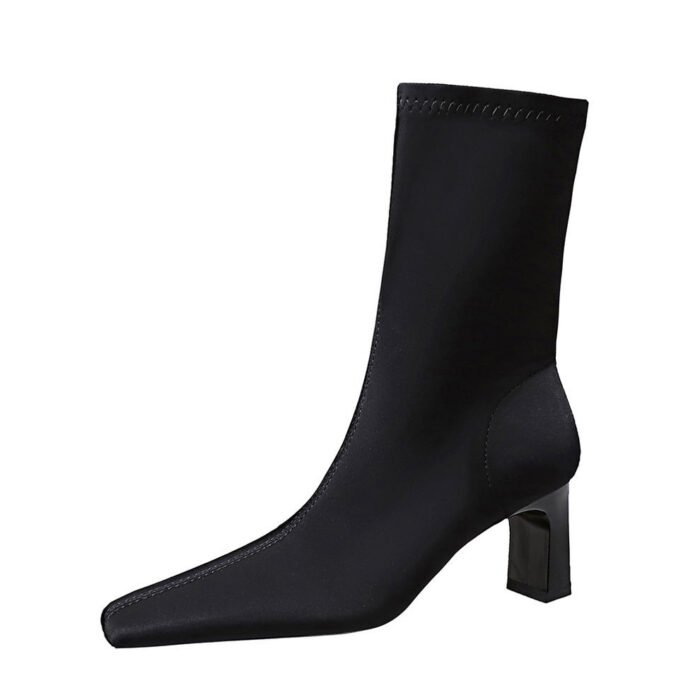 BIGTREE SHOES 375-1 European and American Fashion Minimalist High Heel Chunky Heel Square Toe Stretch Lycra Sex Pedicure Thin All-Match Short Booties - Image 5