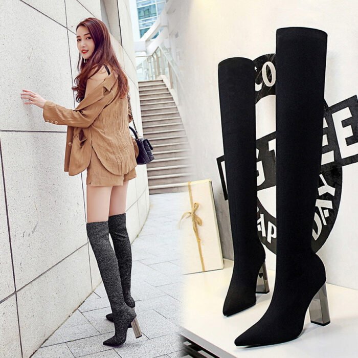 BIG TREE SHOES 3128-1 European and American Fashion Minimalist Metal Heel Chunky Heel High Heel Pointed Toe Sexy Nightclubs Thinner Wool over-the-Knee Boots - Image 2
