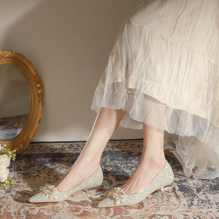 229-7 French Pointed Flat Low Heel High-Grade Wedding Shoes Bridesmaid Shoes Wedding Dress Two-Way Wear - Image 3