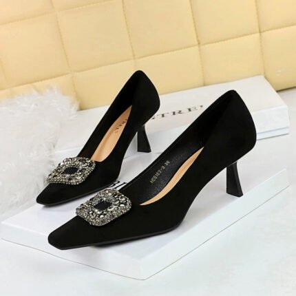 Bigtree Shoes 663-3k83 European and American Style Fashionable Banquet Women's Shoes Stiletto High Heel Suede Shallow Mouth Square Head Metal Rhinestone Buckle Single